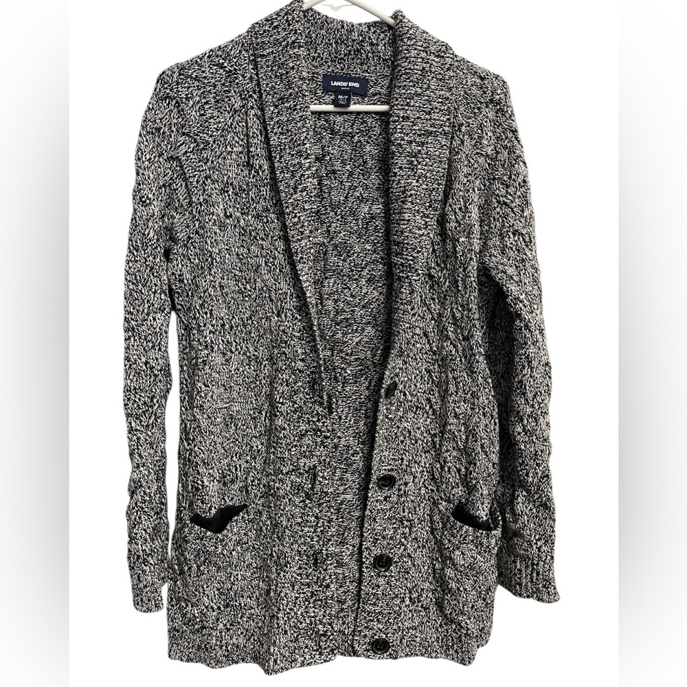 EUC Lands End Drifter Cardigan size M/P knit black and white knit warm chunky
